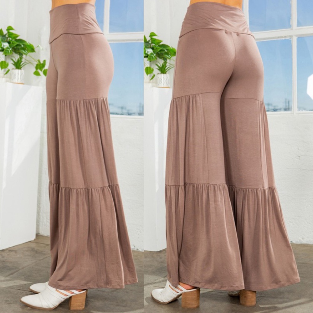 LAST PAIR! High Waist Tiered Ruffle Wide Leg Pants in Mocha- Rayon Spandex - Picture 5 of 5